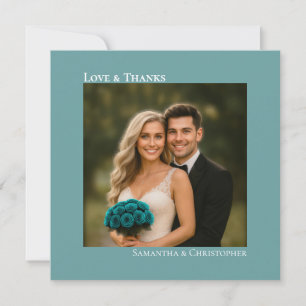 Love & Thanks Minimalist Teal Wedding Photo Square Thank You Card