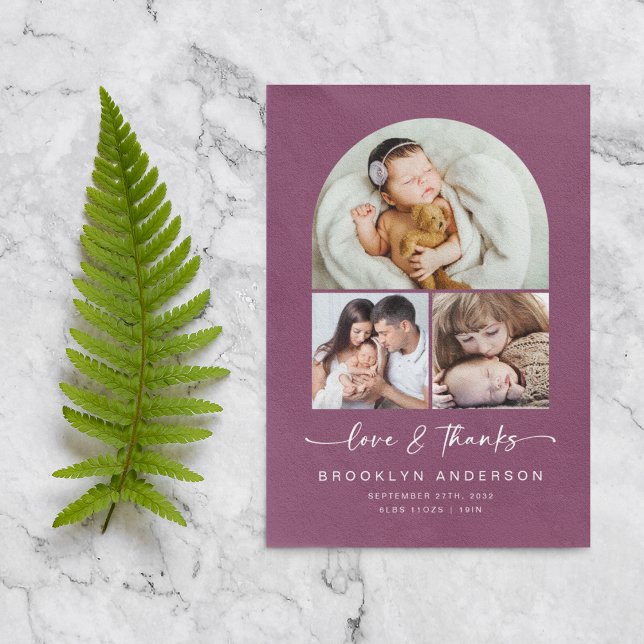 Love & Thanks | Modern Arch 3 Photos Baby Thank You Card (Creator Uploaded)