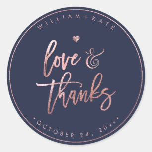 Love+Thanks,  Modern Script Rose Gold+Navy Blue Classic Round Sticker