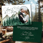 Love & Thanks Mountains & Pines Oval Photo Wedding Thank You Card<br><div class="desc">These wedding thank you cards are rustic yet beautiful. They feature your wedding photo in an oval shaped frame with a watercolor landscape of pine trees and rugged mountain peaks. The title is written in modern script lettering and reads "Love & Thanks" with cute hearts scattered about. The back has...</div>