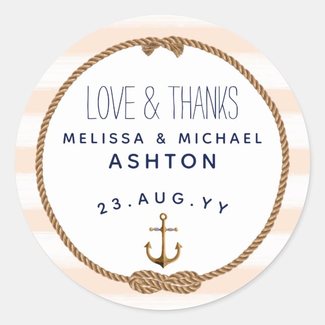 Love & Thanks Nautical Coral & White Wedding Favou Classic Round Sticker (Front)