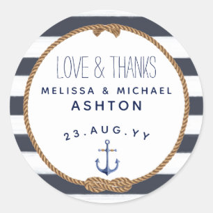 Love & Thanks Nautical Navy Blue Wedding Favour Classic Round Sticker
