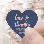 Love & Thanks Navy Blue & Pink Simple Script Heart Sticker<br><div class="desc">Add a personalized touch to party favours and thank you notes with custom "love and thanks" heart-shaped stickers / envelope seals. All wording on this template is simple to customize for any occasion, such as wedding, bridal shower, graduation, birthday party, anniversary or retirement. The navy blue and pink design features...</div>