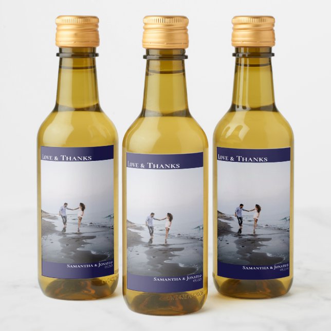 Love & Thanks Navy Blue Simple Photo Wedding Mini Wine Label (Bottles)