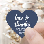 Love & Thanks Navy Blue & White Simple Script Heart Sticker<br><div class="desc">Add a personalized touch to party favours, decorations, and thank you notes with custom "love and thanks" heart-shaped stickers. All wording on this template is simple to customize for envelope seals or gift tags. The navy blue and white design features modern script calligraphy and stylish typography event name and date....</div>