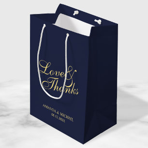 'Love & Thanks' Navy & Gold Elegant Wedding Favour Medium Gift Bag