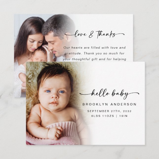 Love & Thanks | Photo Overlay Hello Baby  Thank You Card (Front/Back)