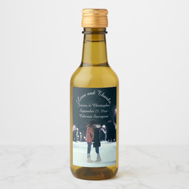 Love & Thanks Photo Wedding Mini Wine Label (Front)