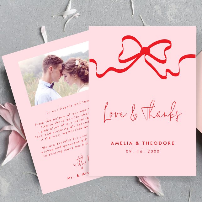Love & Thanks Pink Red Bow Photo Wedding Thank You Card (Creator Uploaded)