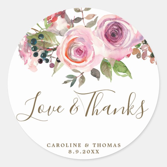 love & thanks purple floral wedding favours classic round sticker (Front)
