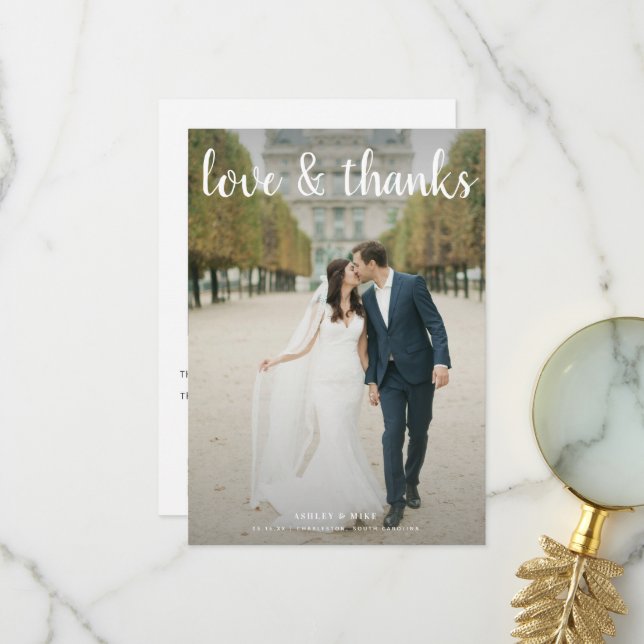 Love & Thanks Script 2 Photo QR Code Wedding Thank You Card (Front/Back In Situ)
