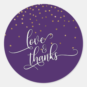 Love & Thanks Script Gold Confetti and Dark Purple Classic Round Sticker