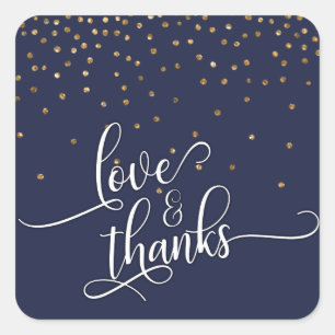 Love & Thanks Script, Gold Confetti and Navy Blue Square Sticker