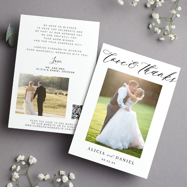 Love thanks script photo QR code wedding thank you Card (Creator Uploaded)