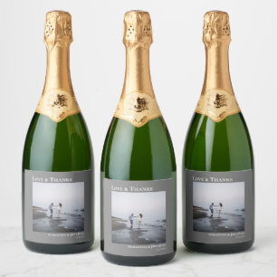 Love & Thanks Simple Minimalist Grey Wedding Sparkling Wine Label