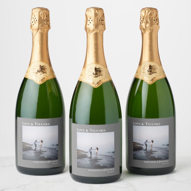 Love & Thanks Simple Minimalist Grey Wedding Sparkling Wine Label (Bottles)