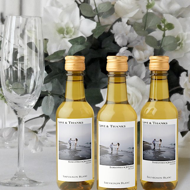 Love & Thanks Simple Minimalist Photo Wedding Mini Wine Label (Creator Uploaded)