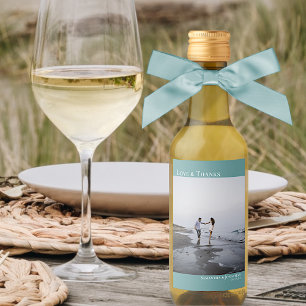 Love & Thanks Teal Simple Wedding Photo Mini Wine Label