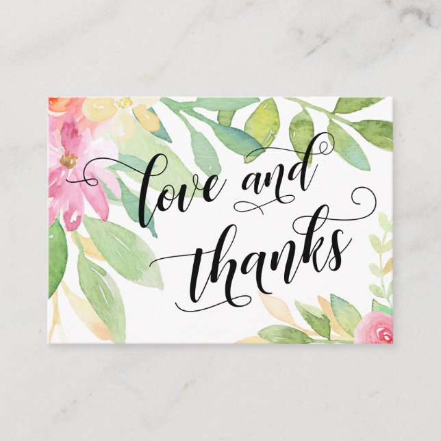 Love & Thanks Typography Pink Floral Wedding Favou Enclosure Card (Front)