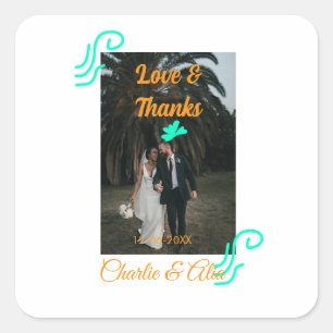 Love & thanks wedding couple photo modern add oran square sticker