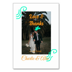 Love & thanks wedding couple photo modern add oran table number