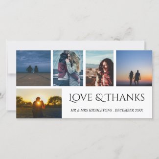 Love & Thanks Wedding Script Five Photo Collage Thank You Card