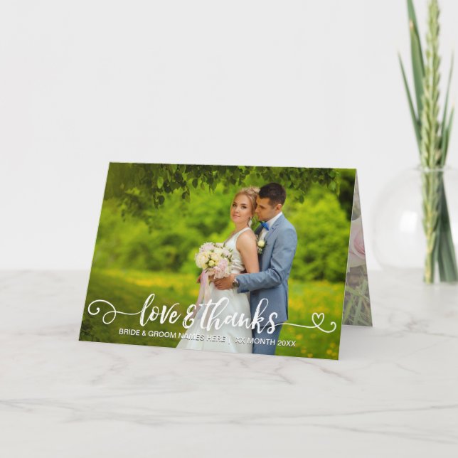 Love & Thanks Wedding Typography Pink Roses Photo Card (Front)