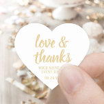 Love & Thanks White & Gold Simple Elegant Script Heart Sticker<br><div class="desc">Add a personalized touch to party favours and thank you notes with custom "love and thanks" heart-shaped stickers / envelope seals. All wording on this template is simple to customize for any occasion, such as wedding, bridal shower, graduation, birthday party, anniversary or retirement. The white and gold design features modern...</div>