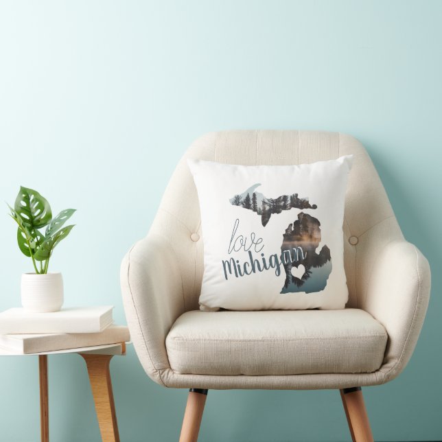 Love The Home State Of Michigan Silhouette Throw Pillow (Chair)