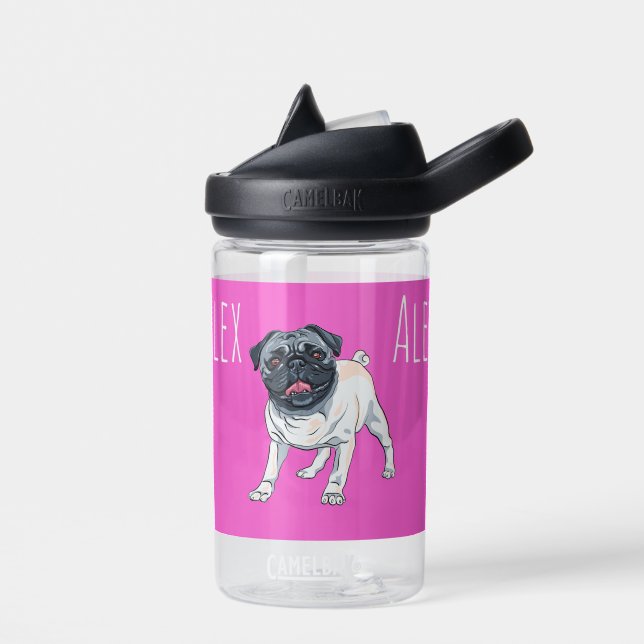 Love the Pug Hot Pink Custom Name Water Bottle (Left)