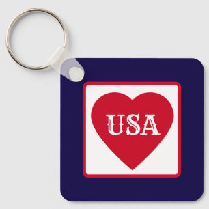Love the USA Patriotic Red White Blue Simple Heart Keychain