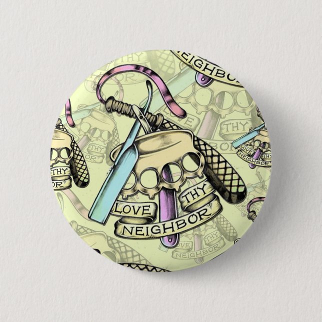 Love thy neighbour hand drawn artwork pattern. 2 inch round button (Front)
