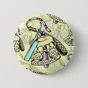 Love thy neighbour hand drawn artwork pattern. 2 inch round button