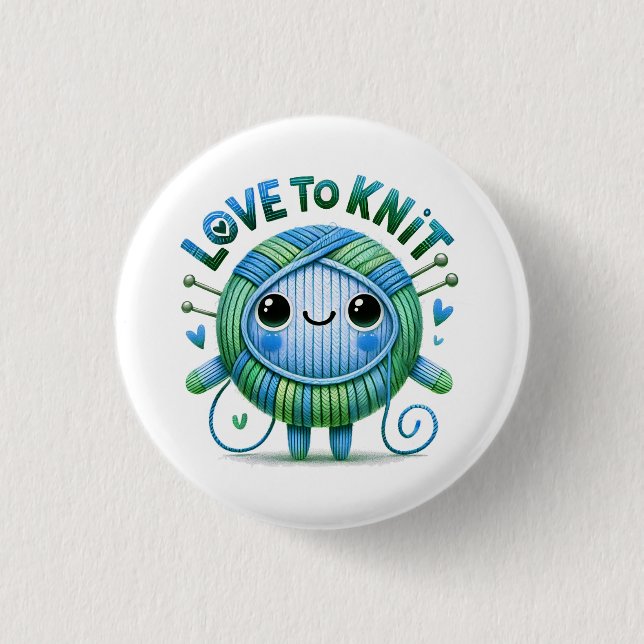 Love to Knit Quote Cute Blue Green Ball of Yarn 1 Inch Round Button (Front)