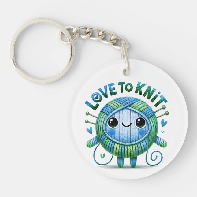 Love to Knit Quote Cute Blue Green Ball of Yarn Keychain (Front)