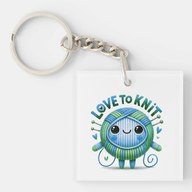 Love to Knit Quote Cute Blue Green Ball of Yarn Keychain (Front)