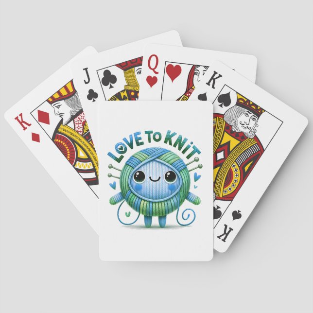 Love to Knit Quote Cute Blue Green Ball of Yarn Playing Cards (Back)