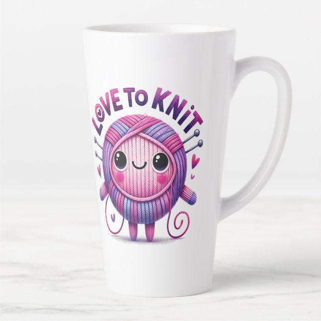 Love to Knit Quote Cute Pink Purple Ball of Yarn Latte Mug (Right)