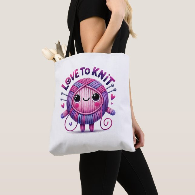 Love to Knit Quote Cute Pink Purple Ball of Yarn Tote Bag (Close Up)