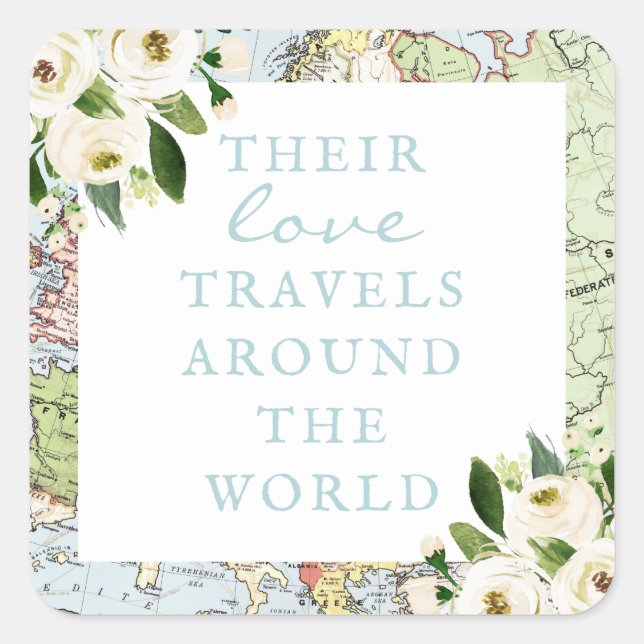 Love Travels Around the World Floral Map Square Sticker (Front)