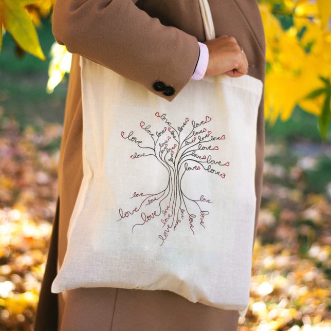Love Tree of Life Art White Black Red Hearts Cute Tote Bag (Creator Uploaded)