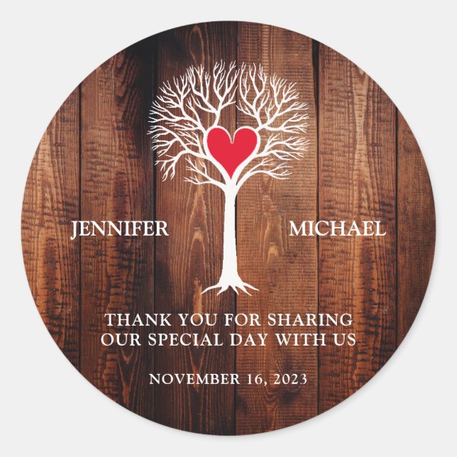 Love tree rustic wood country Wedding Thank You Classic Round Sticker (Front)