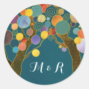 Love Trees Teal Wedding Monograms Classic Round Sticker