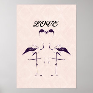 Love Two Flamingo BirdsHeart Pink Black Poster