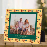 Love typography custom family photo and name plaque<br><div class="desc">Personalized keepsake plaque with custom photo,  family name,  and est year over a modern love bold colourful typography yellow pattern in a trendy earthy colour palette.</div>