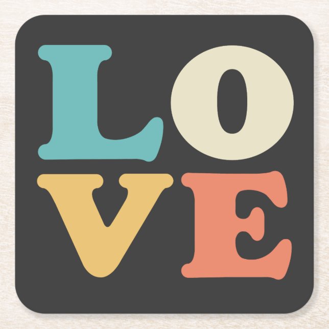 Love Typography Retro Colour Square Paper Coaster (Front)
