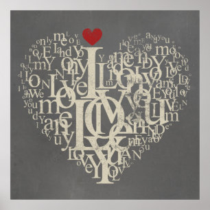 Love typography text heart grey and red poster