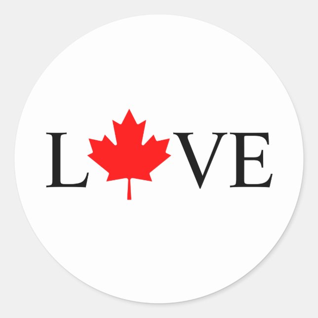 Love typography with Canada red maple leaf  Classic Round Sticker (Front)