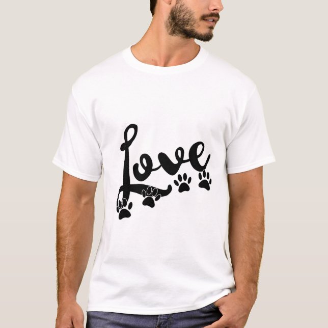 Love Typography With Dog Paw Prints T-Shirt (Front)