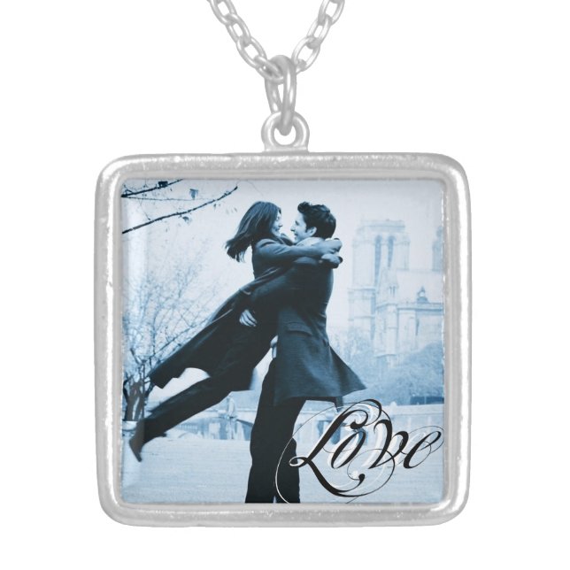 Love Typography Your Photo Template Silver Plated Necklace (Front)